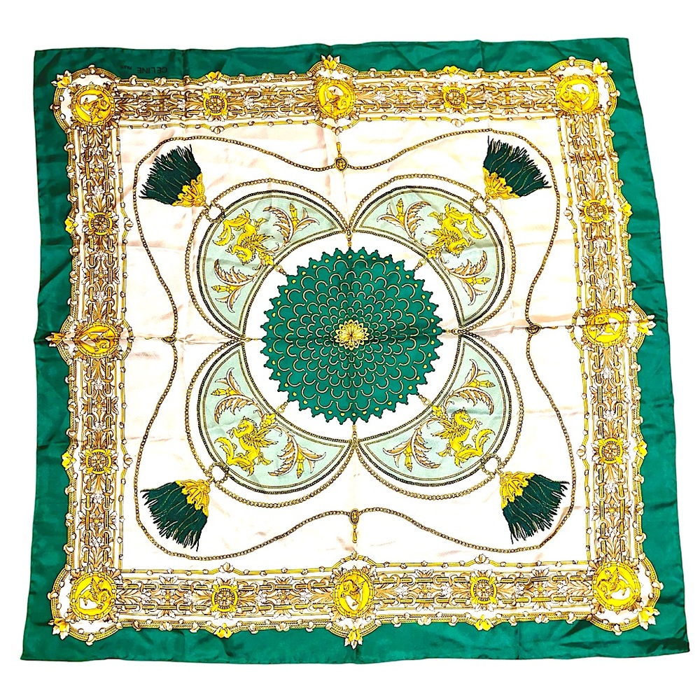 CELINE Paris Ecru with Green and Gold Scarf Silk Made in Italy